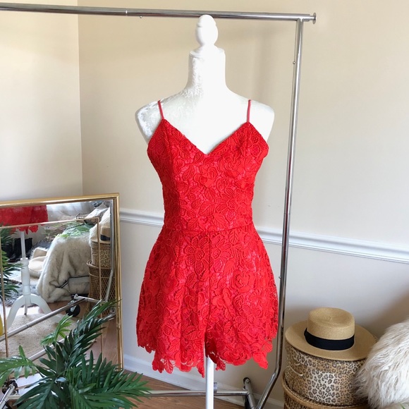 Lovers + Friends Pants - Lovers + Friends Red Lace Open Back Romper S